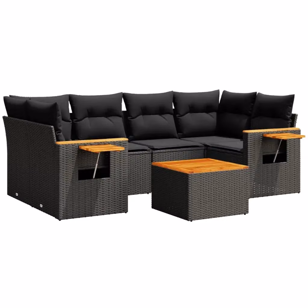 Set Divani da Giardino vidaXL a Forma di L con Cuscini 7pz Nero Polyrattan e Legno di Acacia – 2