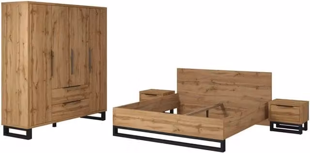 Camera da letto completa stile industriale MILOS Meublorama in legno quercia e nero con armadio a 4 porte, letto 160x200 cm, comò e comodini