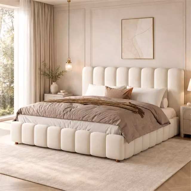 Letto contenitore 160x200 cm; matrimoniale con ampio contenitore; rete a doghe; testiera capitonné; velluto; beige