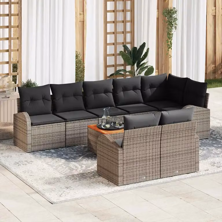 Set Divano da Giardino a Forma di U vidaXL in Polyrattan Grigio con Tavolino e Cuscini, 9 Pezzi