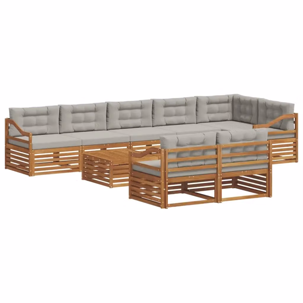 Set di divani da esterno a L con tavolino da caffè vidaXL, 9 pezzi in legno di acacia e tessuto grigio – 2