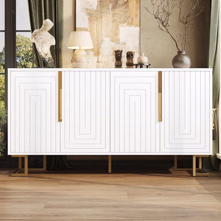 Credenza Flieks 152x40x75 cm, cassettiera a 4 ante, mobile buffet con maniglie e piedini dorati, mobile in piedi dal design geometrico, bianco