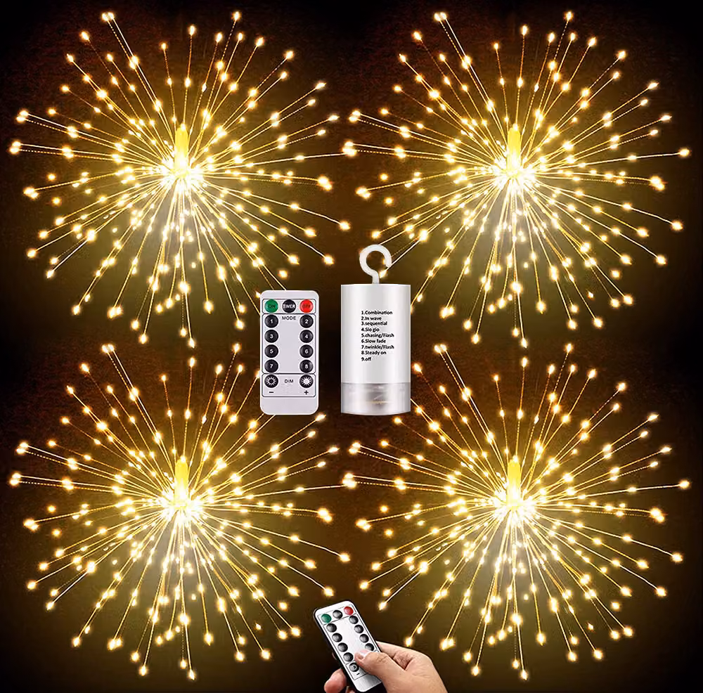 4 pezzi fuochi d'artificio luci bianche calde, 200LEDs luci di Natale dimmerabile telecomando, decorazione all'aperto indoor a batteria 8 modalità finestra balcone