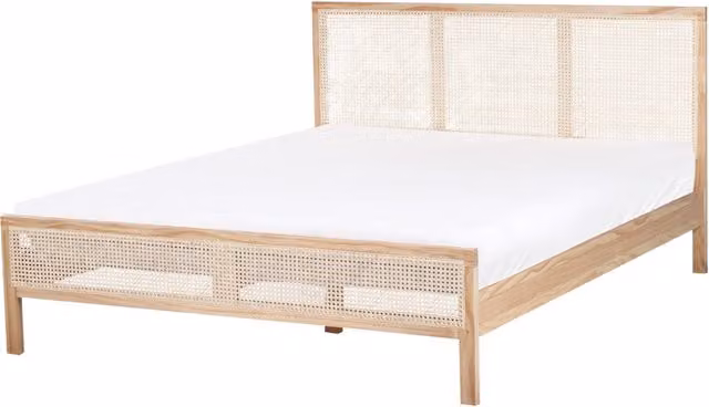 Letto in legno di pino marrone chiaro 160 x 200 cm matrimoniale con testata a treccia viennese a doghe stile rustico minimalista