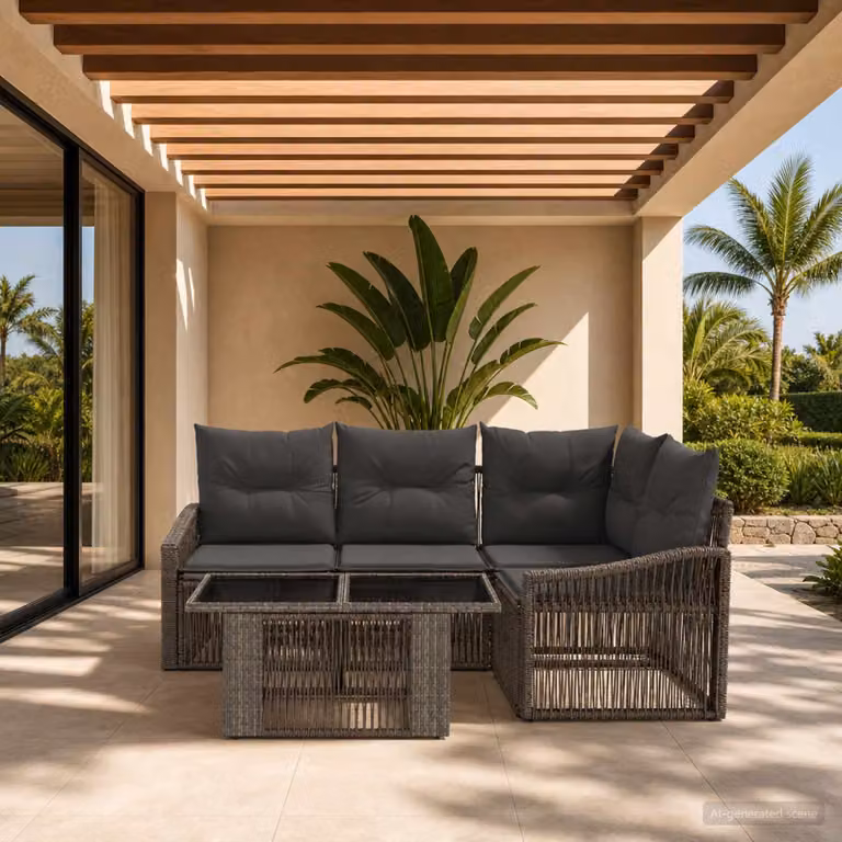 Set Divano da Giardino vidaXL in Polyrattan Grigio con Tavolino e Cuscini Imbottiti