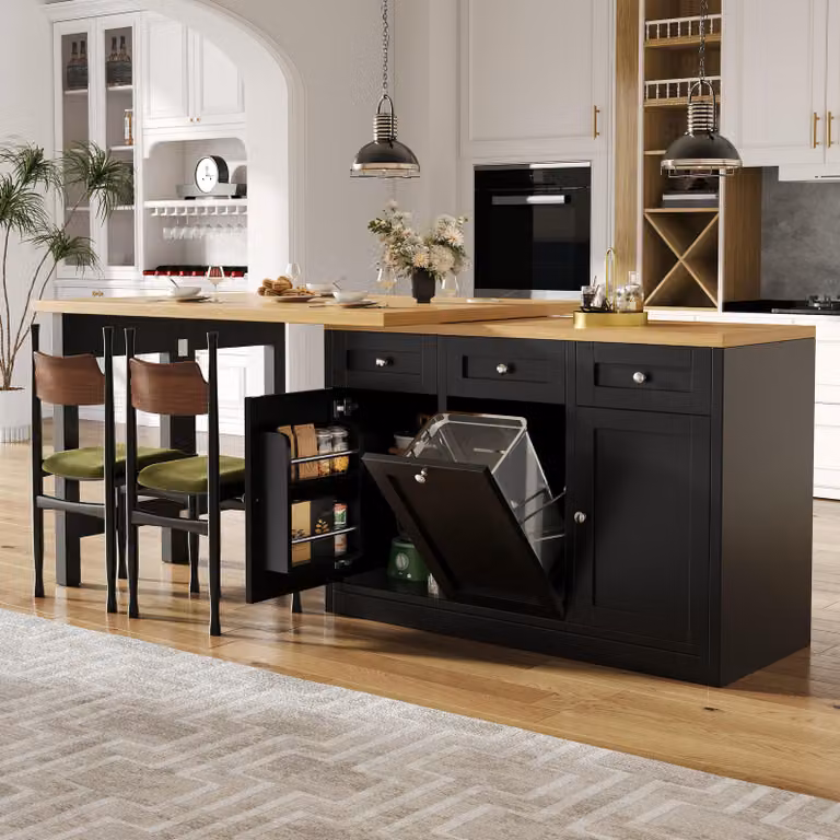 MODFU Tavolo da cucina a isola allungabile con piano da pranzo ribaltabile e cassetto, credenza da cucina con porta-pattumiera estraibile (pattumiera non inclusa), tavolo da cucina con ripiano porta-snack per piccoli appartamenti, nero