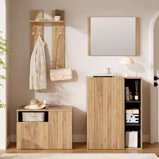 Mobile ingresso con specchio, ganci, scarpiera e panca in MDF e truciolato 120 x 35 x 123 cm nero naturale