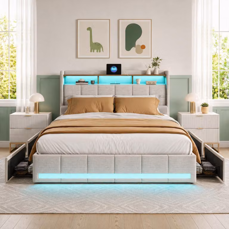 Letto imbottito INONEFT, 140x200 cm, lino beige, letto matrimoniale con 4 cassetti e illuminazione LED, testiera con spazio contenitivo e porta USB Type-C, letto funzionale per ragazzi con rete a doghe