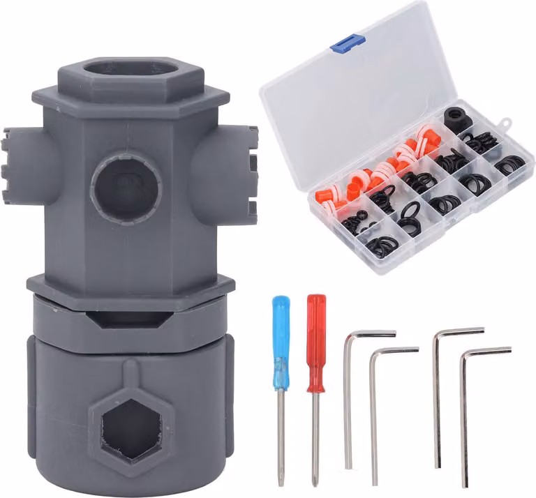 Chiave multifunzione per rubinetti e lavelli, 16 in 1, ideale per idraulici e installatori, strumento versatile per cucina e bagno, dotato di diverse guarnizioni