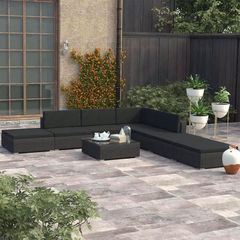 The Living Store Set salotto da giardino 8 pezzi con cuscini in poly rattan nero