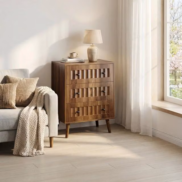 Cassettiera Minimal in Legno Noce con 3 Cassetti per Soggiorno e Camera da Letto, Stile Mid-Century, Colore Marrone, L/P/H: 78 x 40 x 40 cm