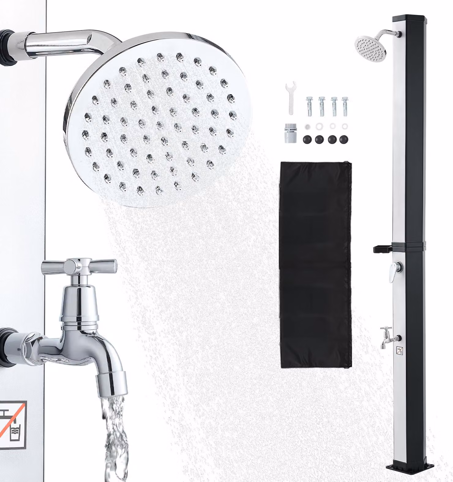 SucceBuy doccia solare 35 L, doccia da giardino 2160 mm, doccia da esterno con rubinetto e portasapone, funzione acqua calda e fredda regolabile, max. 60°C, doccia da campeggio per giardino, piscina, spiaggia, nero/argento
