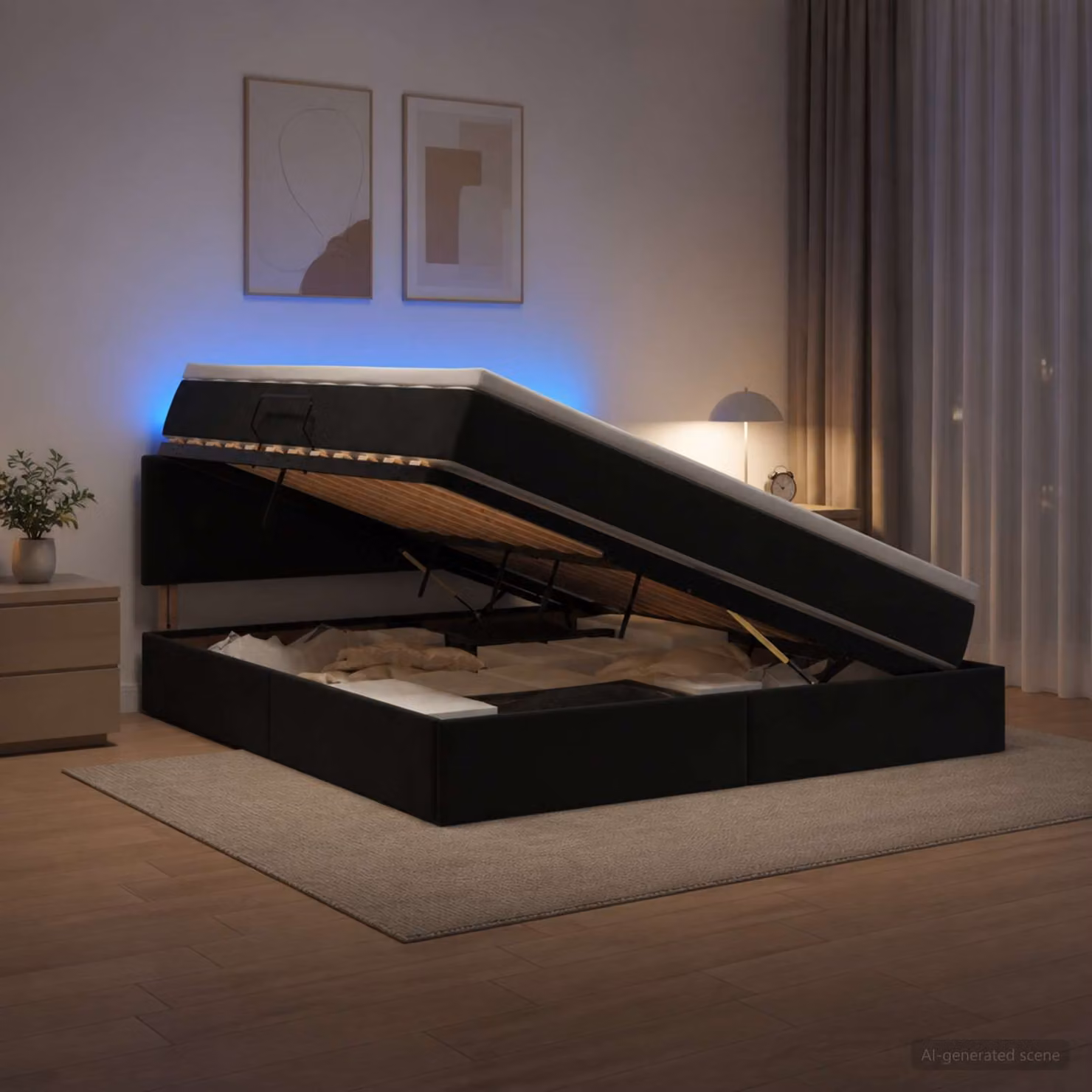 Letto con contenitore e illuminazione LED vidaXL in velluto nero con materasso, L/P/H: 160 x 200 x 88 cm