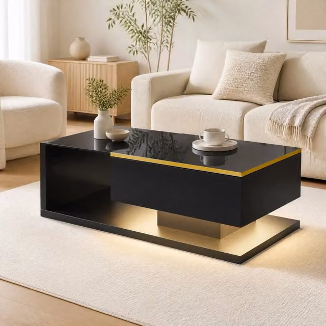 Tavolino da salotto ULEVR 100x50 cm nero con piano in vetro, vano e ripiani aperti, LED dimmerabile a 16 colori