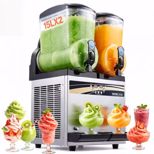 VEVOR Macchina per Slush e Bevande Ghiacciate Commerciale in Acciaio Inox e Plastica, Colore Argento e Nero, Capacità 15 l x 2, con Rubinetto