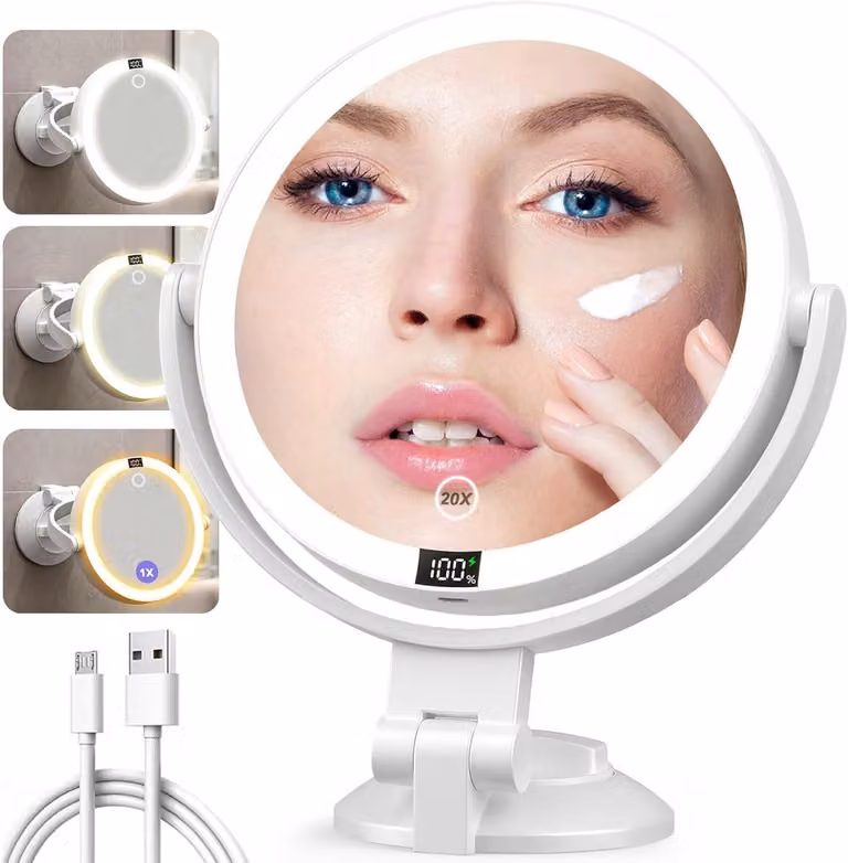Specchio da bagno illuminato, con ingrandimento 20x, da montare a parete, con 3 diverse tonalità di luce
