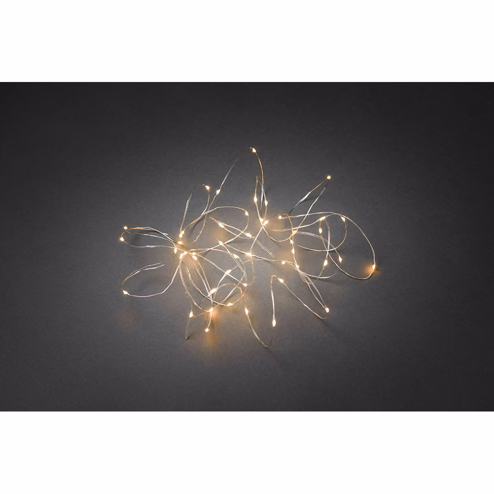 Catena luminosa a goccia Konstsmide LED, 50 diodi color ambra, trasformatore interno 3V, filo color argento - 6386-890
