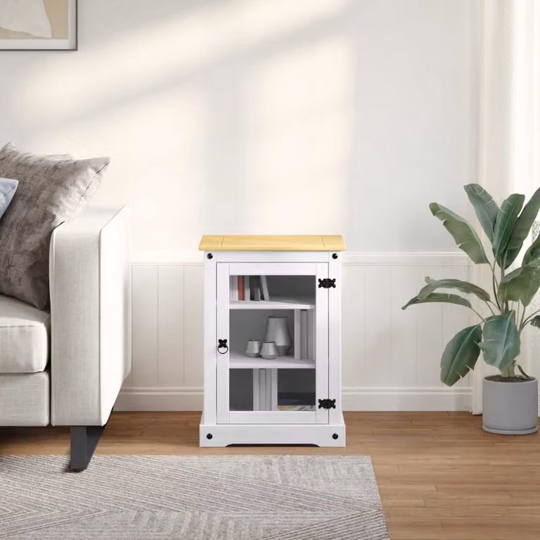 Mobile HiFi vidaXL in pino massello e vetro, Bianco, L 60 cm x P 50 cm x H 82 cm