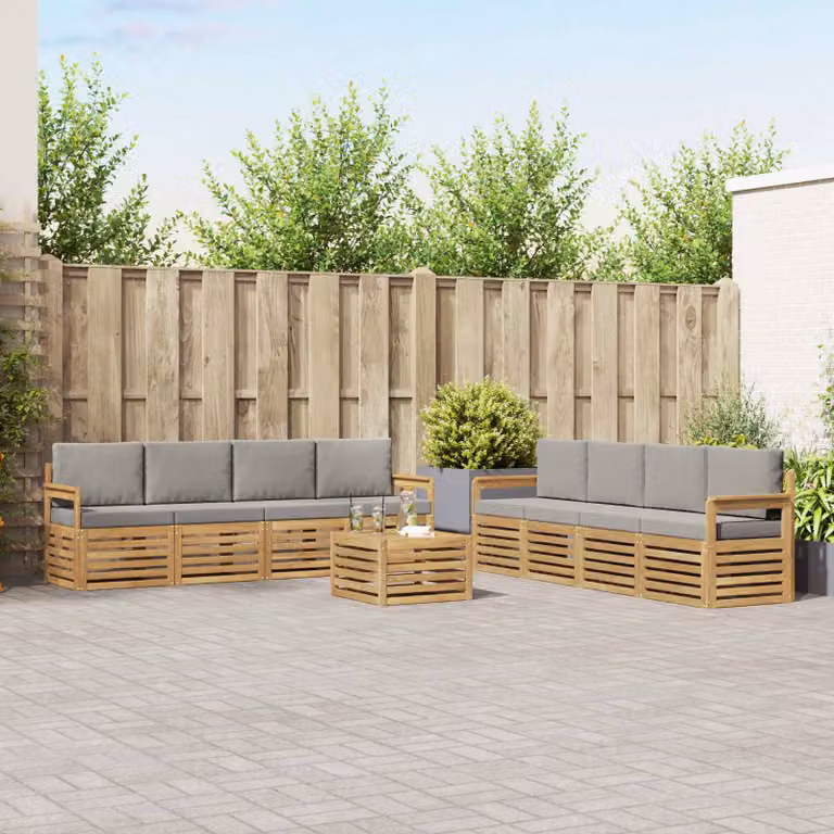 Set di divani da esterno vidaXL a forma di U in legno di acacia con tavolo da caffè, 9 pezzi, Bianco, Grigio e Marrone
