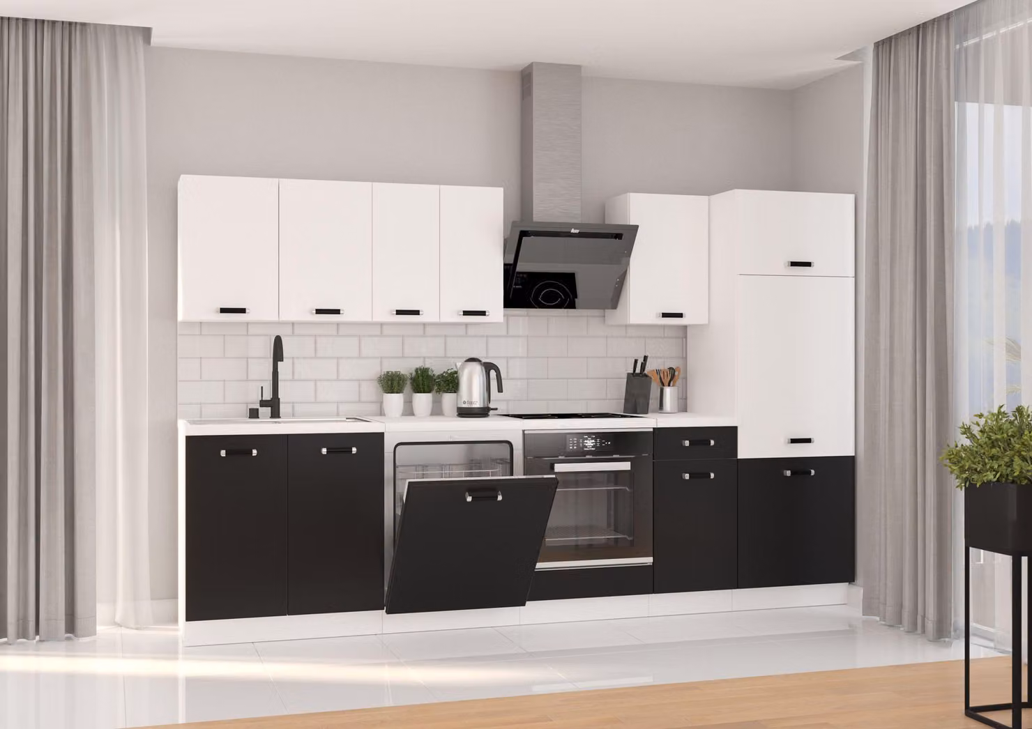 Cucina Omega XL 300 cm, linea cucina, blocco cucina, cucina componibile, nero + bianco opaco
