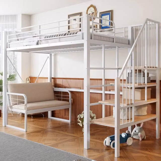 Letto a castello 90x200 cm con scala contenitore e divano removibile in metallo