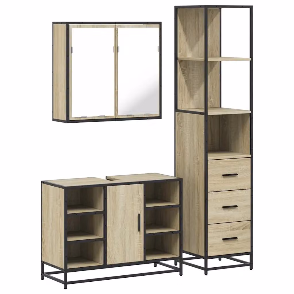 Set Mobili da Bagno 3 Pezzi vidaXL in Stile Industrial Marrone con Mobile Lavabo, Armadietto Alto e Pensile Specchio in Legno e Metallo – 2
