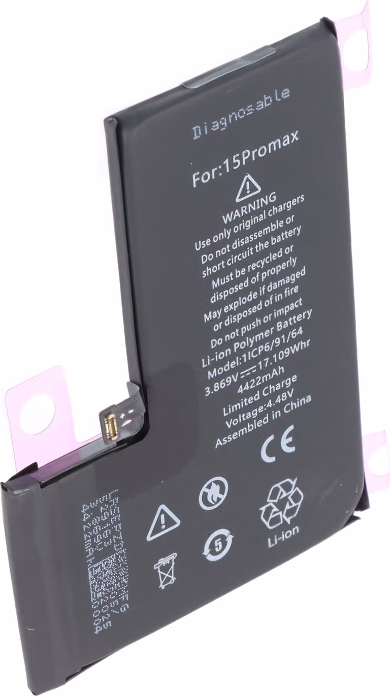 Batteria compatibile con Apple iPhone 15 Pro Max, diagnosticabile, Li-Polimero, 3,86 V, 4422 mAh, 17,1 Wh, senza attrezzi
