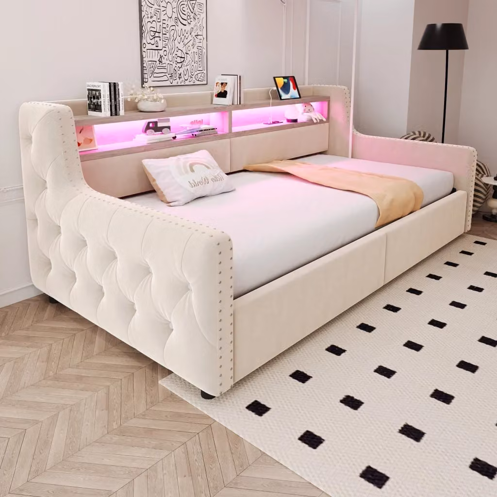 Letto divano singolo OKWISH con contenitore, illuminazione LED, ripiano, prese USB e Tipo C, beige, L/P/H: 200 x 90 x 81 cm – 2