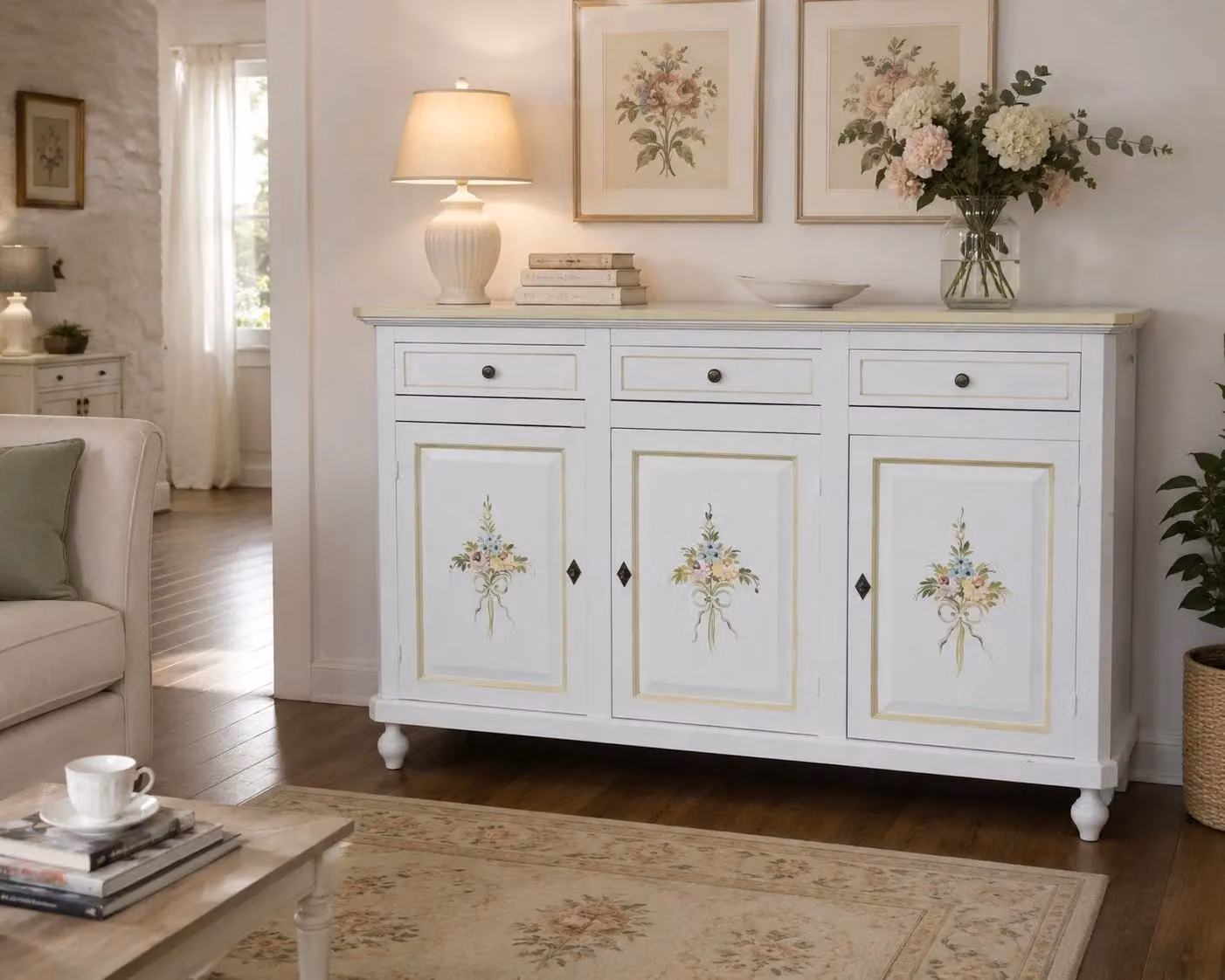 Credenza in legno 3 ante bianca con decorazioni floreali verdi stile shabby chic Mobili 2G L: 150 cm, P: 45 cm, H: 98 cm – 2