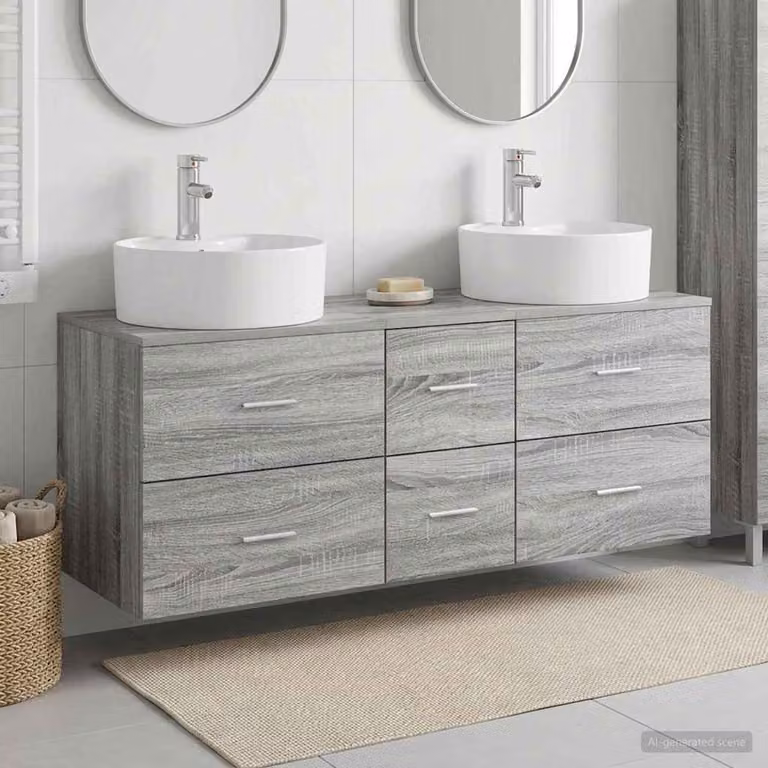 Set di mobili per il bagno moderno vidaXL composto da 3 pezzi in legno e metallo, colore grigio e argento, L/P/H: 129,0 x 44,5 x 82,0 cm