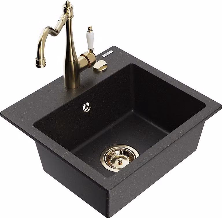 Mexen Milo lavello da cucina in granito 1-vasca con miscelatore cucina Carla, nero/oro metallico - 6505-75-670700-50