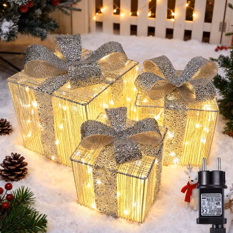 Set di decorazioni natalizie, 140 LED, luce bianco caldo, timer, colore argento, confezione da 3 pezzi
