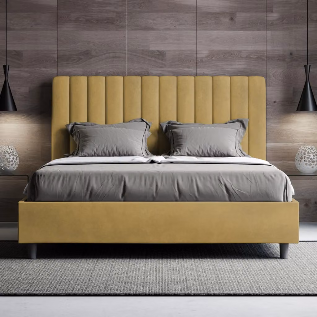 Letto matrimoniale contenitore BS COM imbottito in microfibra giallo L: 160 cm, P: 200 cm, H: 122 cm – 2