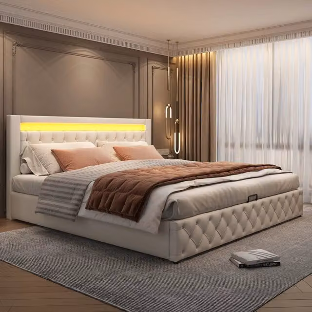 Letto contenitore imbottito in PU bianco 180 x 200 cm con testiera LED multicolore, letto matrimoniale con rete a doghe e contenitore sotto il letto