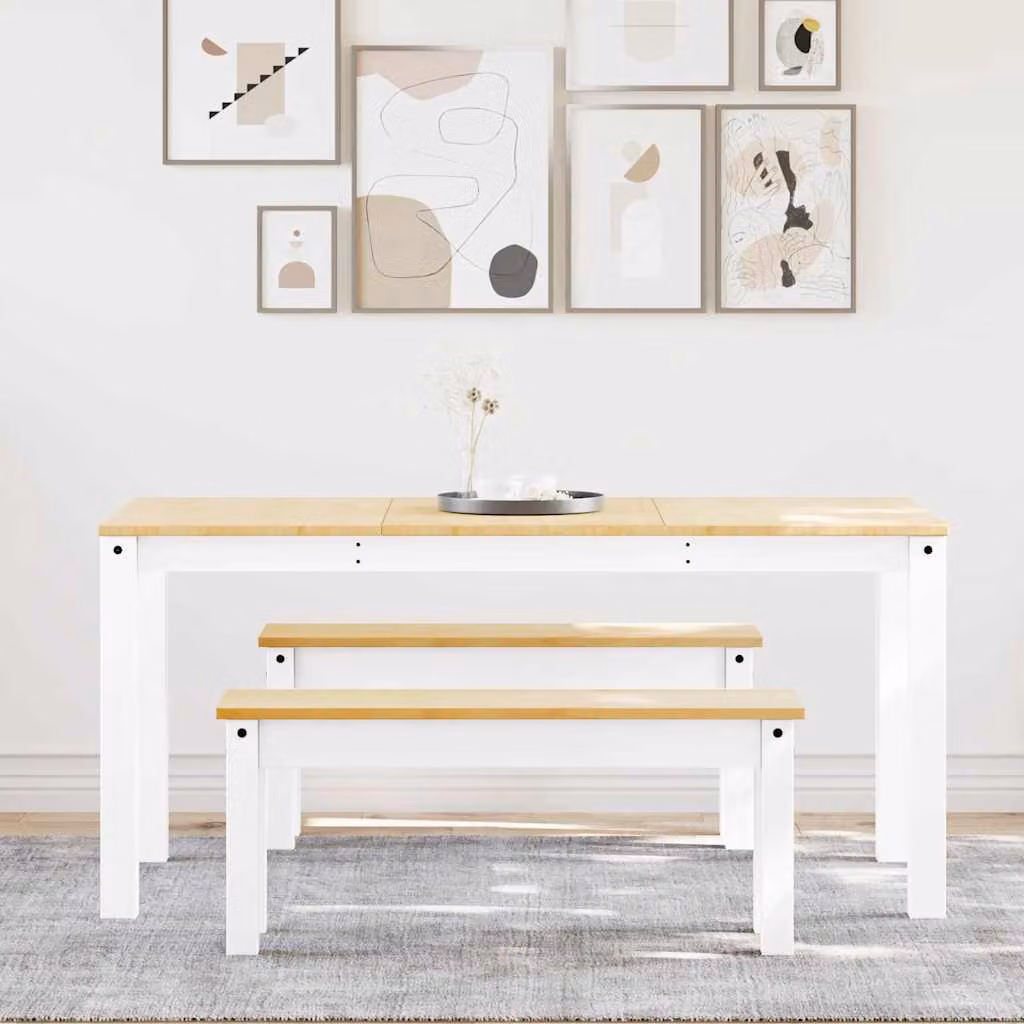 Set da pranzo vidaXL Panama in legno di pino bianco composto da tavolo rettangolare e 2 panche