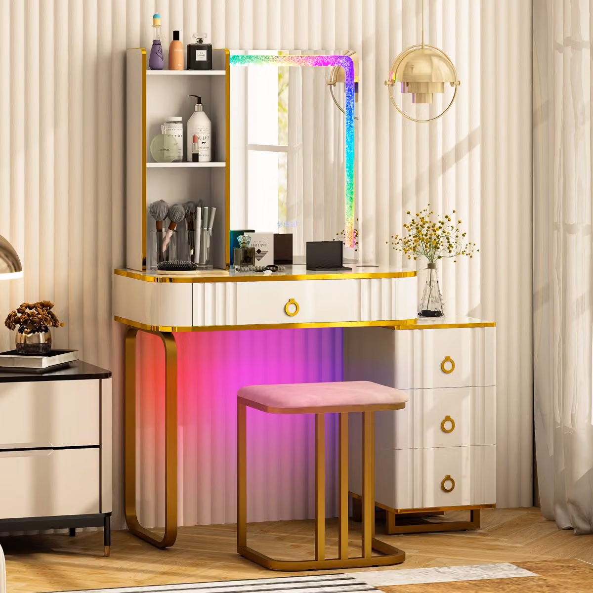 Toeletta da trucco Costway con specchio Hollywood LED, 4 cassetti e porte USB, Bianco, L/P/H: 80 x 40 x 137 cm – 3