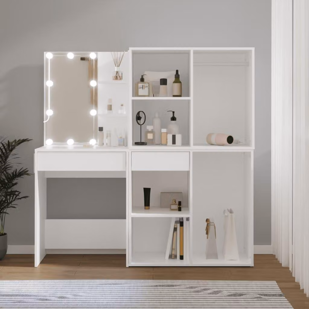 Scrivania da trucco con doppio mobiletto e illuminazione a LED, bianca, con ampi spazi di stoccaggio