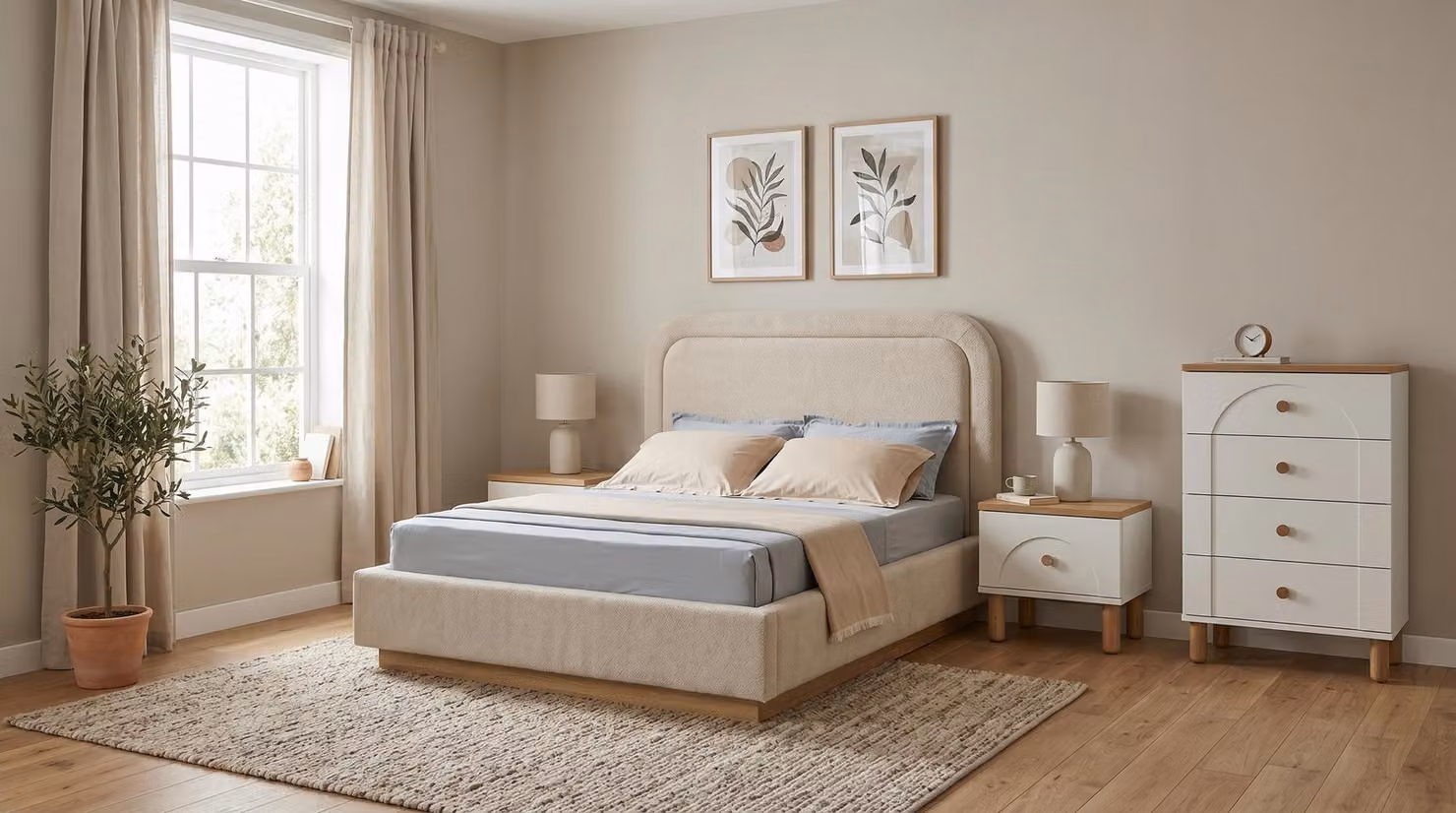 Set per camera da letto: letto elegante, due comodini, cassettiera, colore bianco, stile scandinavo