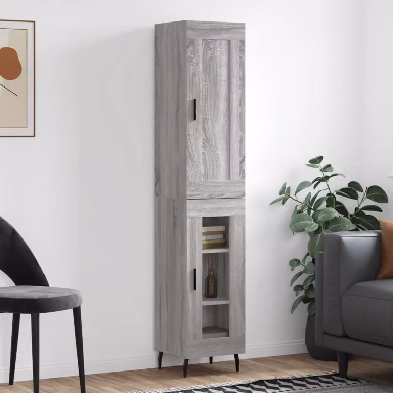 Credenza moderna vidaXL in legno e metallo, colore grigio, sospesa per cucina e sala da pranzo, L/P/H: 34,5 x 34 x 180 cm