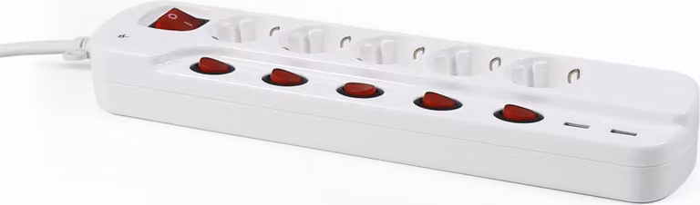 Presa di corrente McPower, 5 vie con commutazione individuale + 2x USB, cavo di alimentazione da 1,5 m