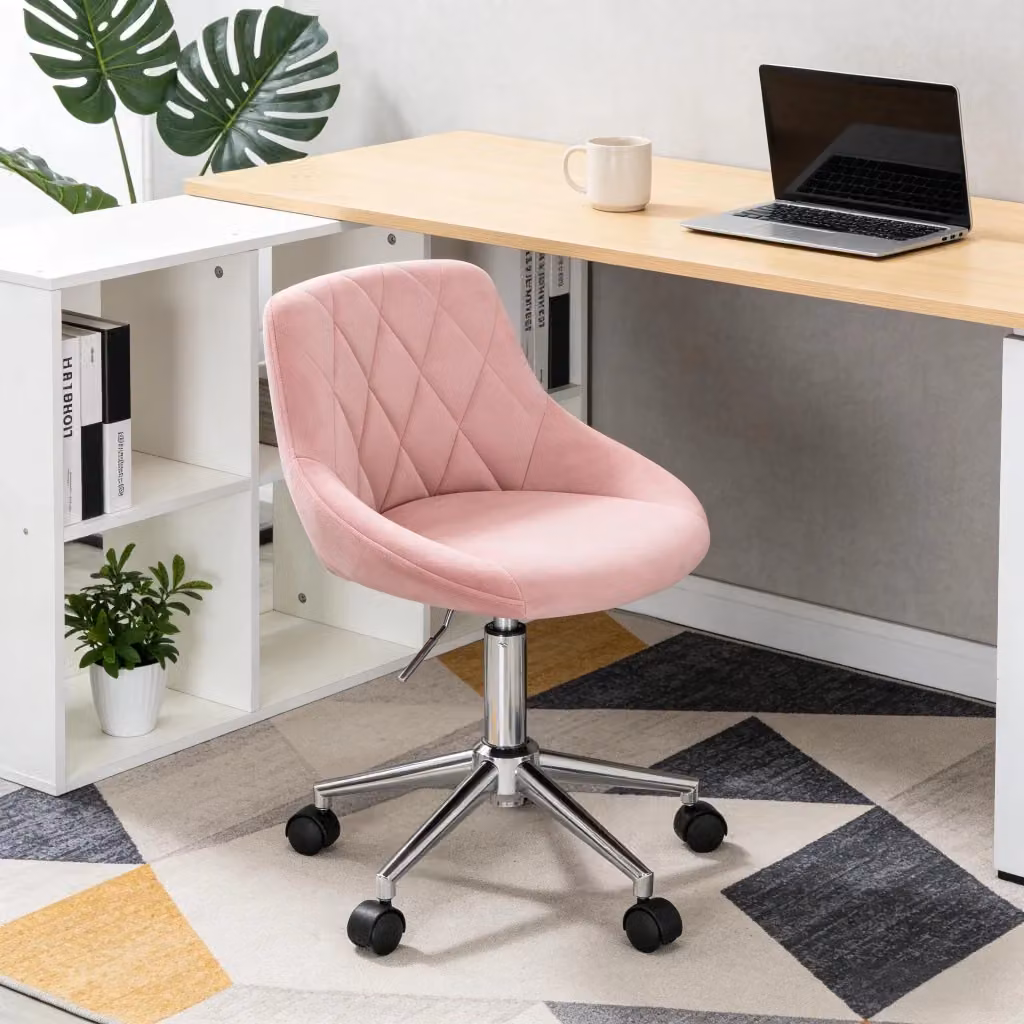 Sedia da ufficio girevole WISHDOR in velluto rosa con struttura in metallo e ruote – 2