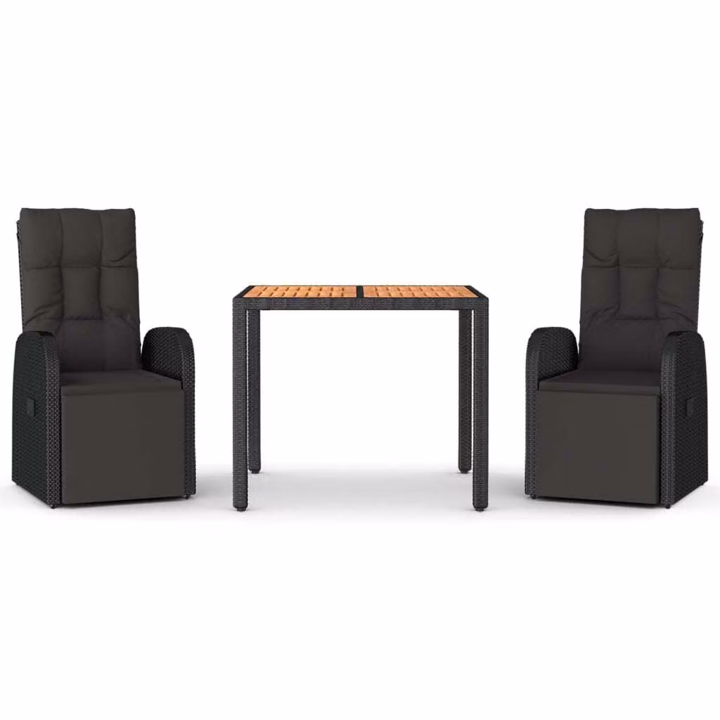 Set Pranzo Giardino 3pz Nero Polyrattan e Legno Massello Acacia