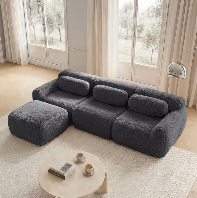 Divano modulare angolare a L in tessuto peluche; 291x179x73 cm; grigio