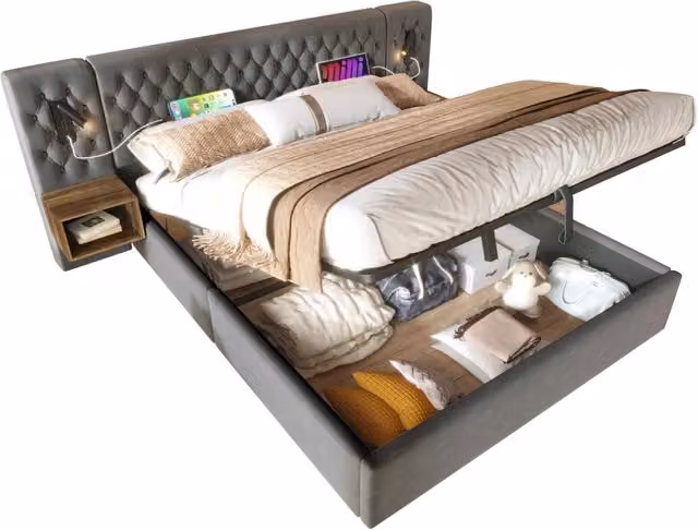 Letto matrimoniale contenitore 180x200 velluto grigio con 2 comodini， senza materasso