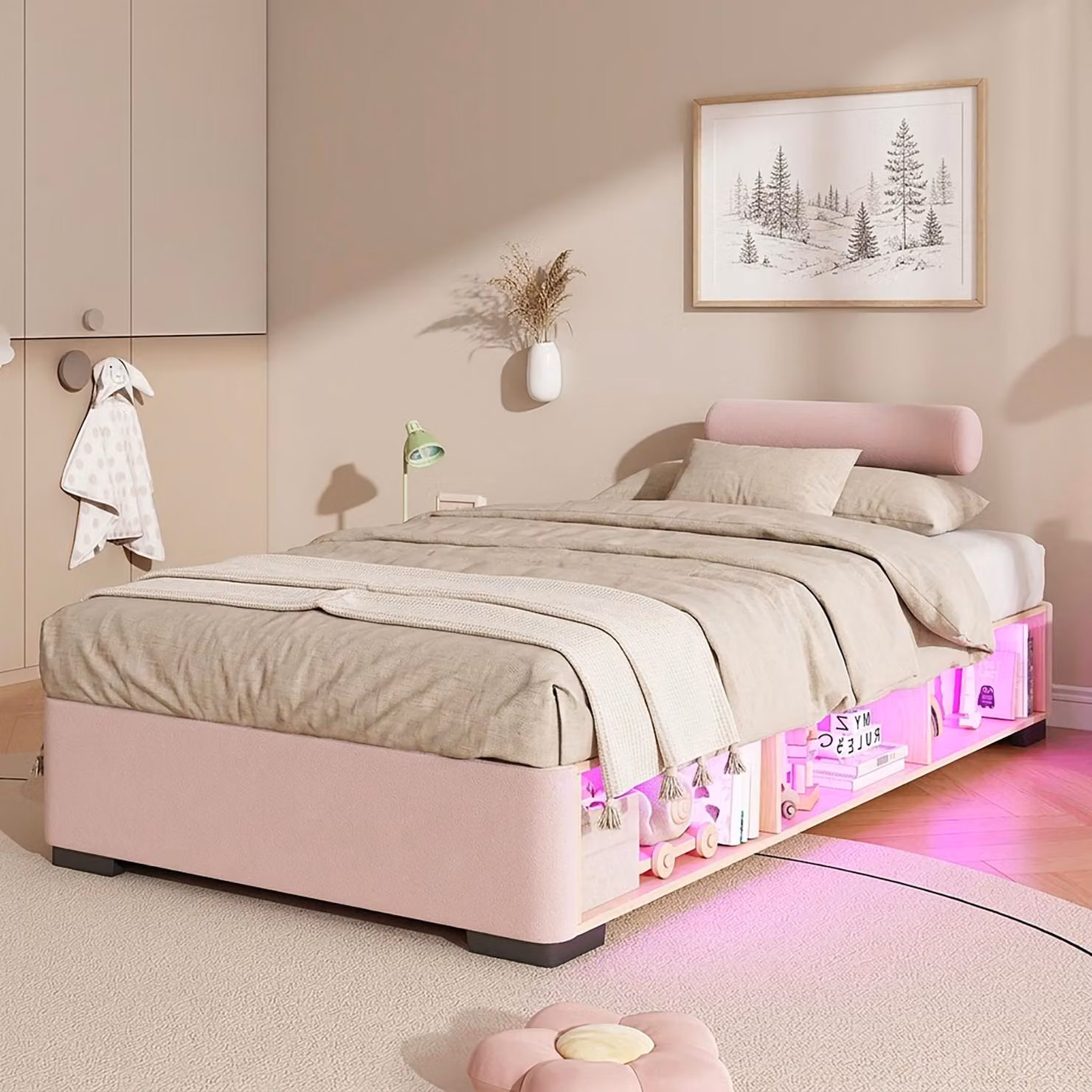 Letto per bambini Merax, modello imbottito, 90x200 cm, con luci LED e ripiano laterale; letto per adolescenti con spazio contenitivo aperto e poggiatesta regolabili, design basso, colore rosa