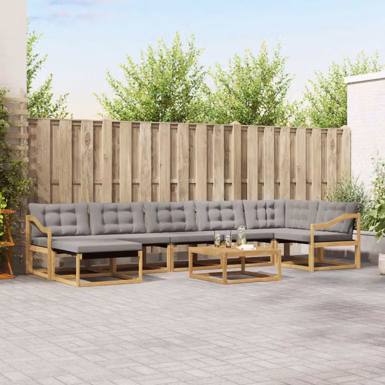 vidaXL Set di divani da esterno 8 pz in legno di acacia con cuscini bianchi e grigi