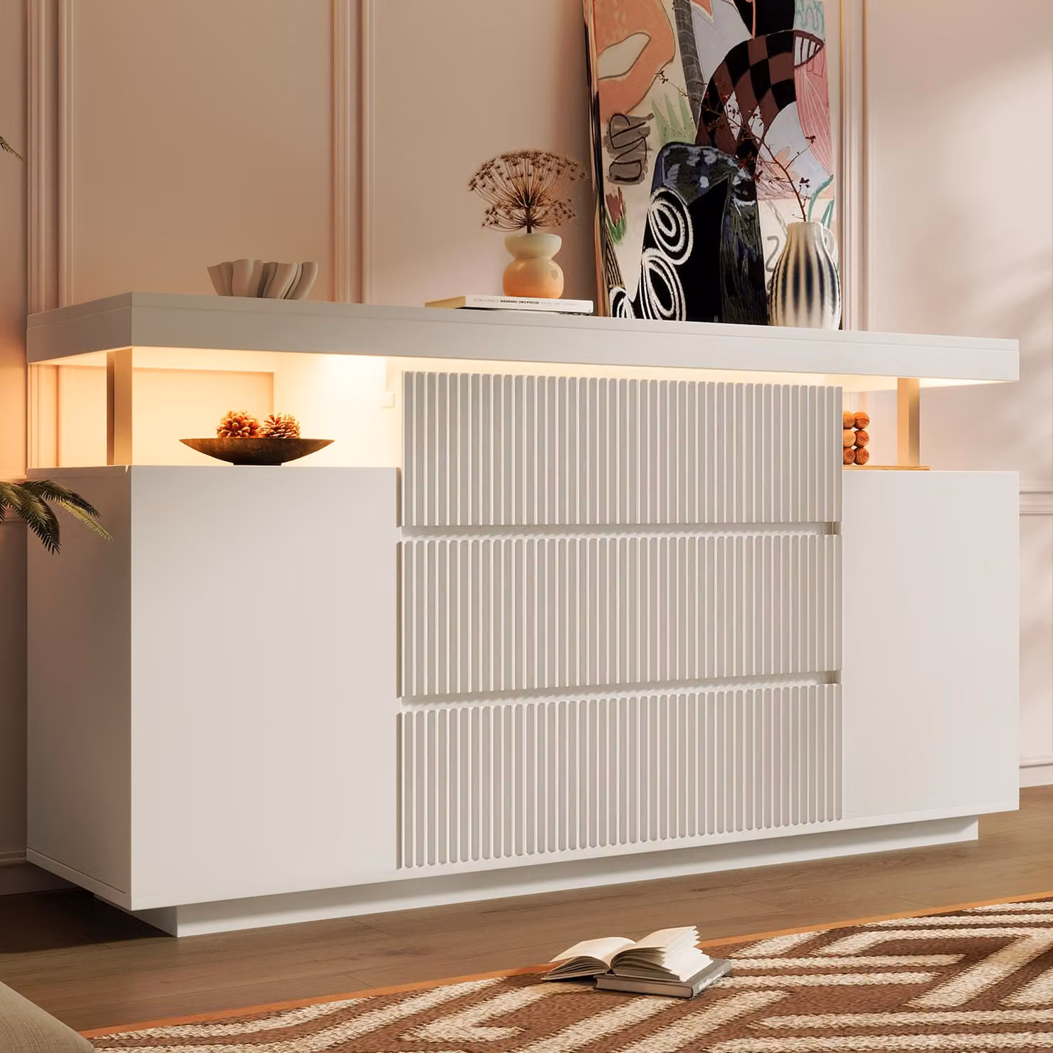 Comò Flieks con 6 cassetti e 2 ante, mobile contenitore laterale con finitura in ecopelle, armadio per il soggiorno con ripiani interni regolabili, dimensioni 150x40x78 cm, colore bianco