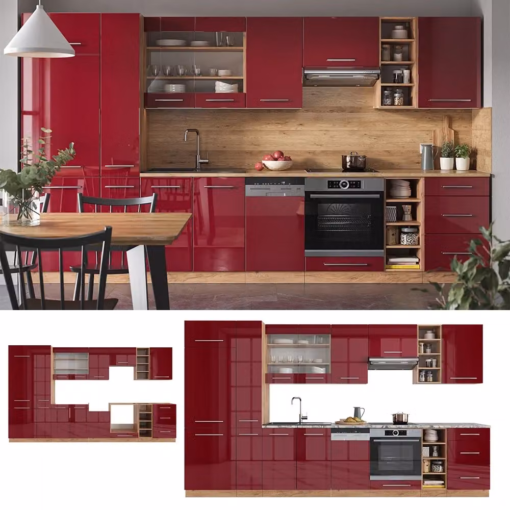Cucina componibile moderna Fame-Line Vicco in Bordeaux lucido e Rovere dorato, L: 355 cm – 2
