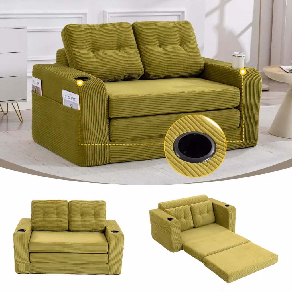 Divano modulare a 2 posti in velluto a coste verde oliva con braccioli, portabicchieri e tasche laterali L: 136 cm, P: 80 cm, H: 82.5 cm – 2