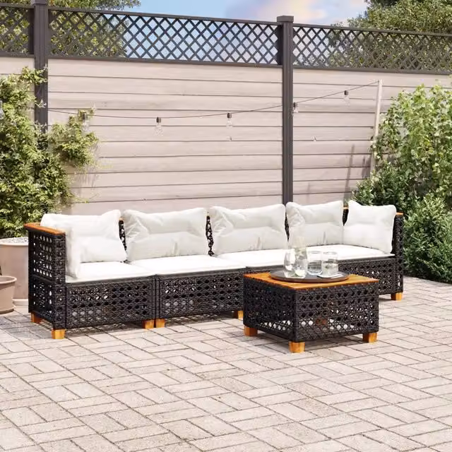 vidaXL Set Divani da Giardino 5 pz in Polyrattan Nero con Cuscini e Tavolino